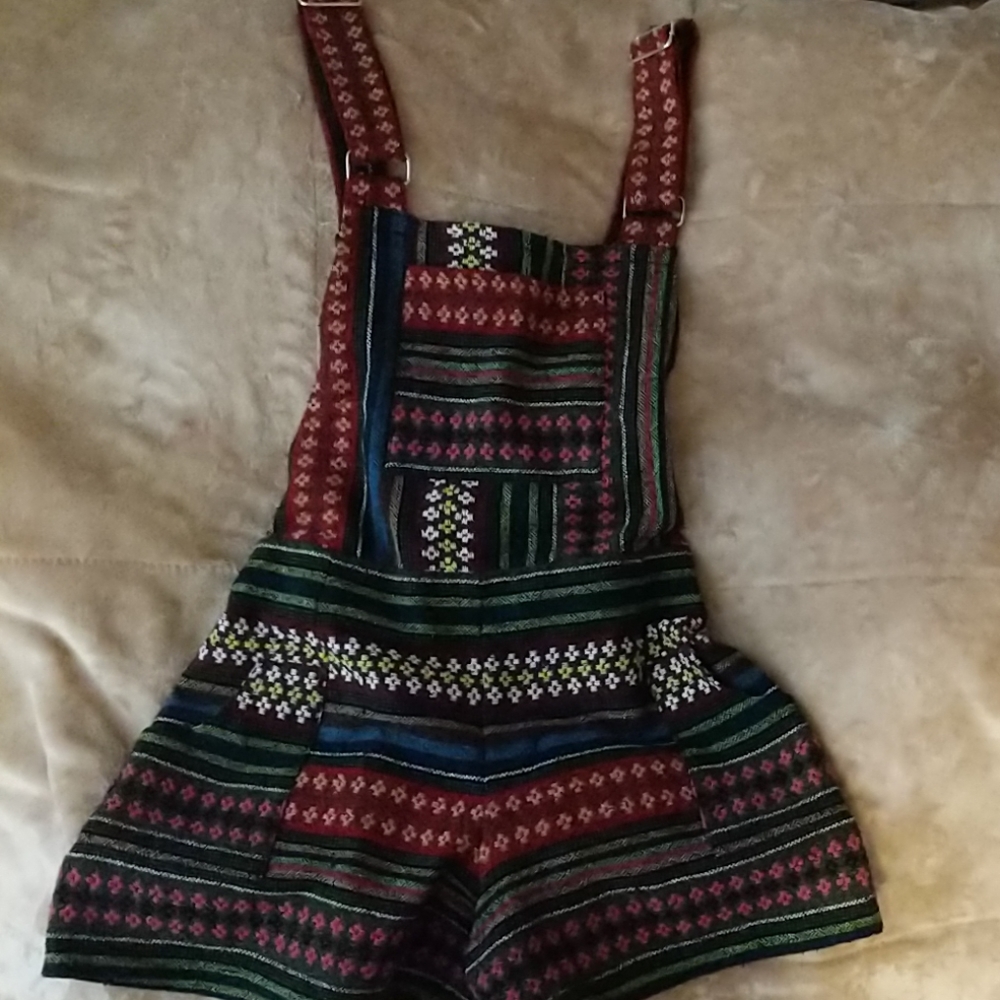 Boho tribal sweater knit shorty overalls